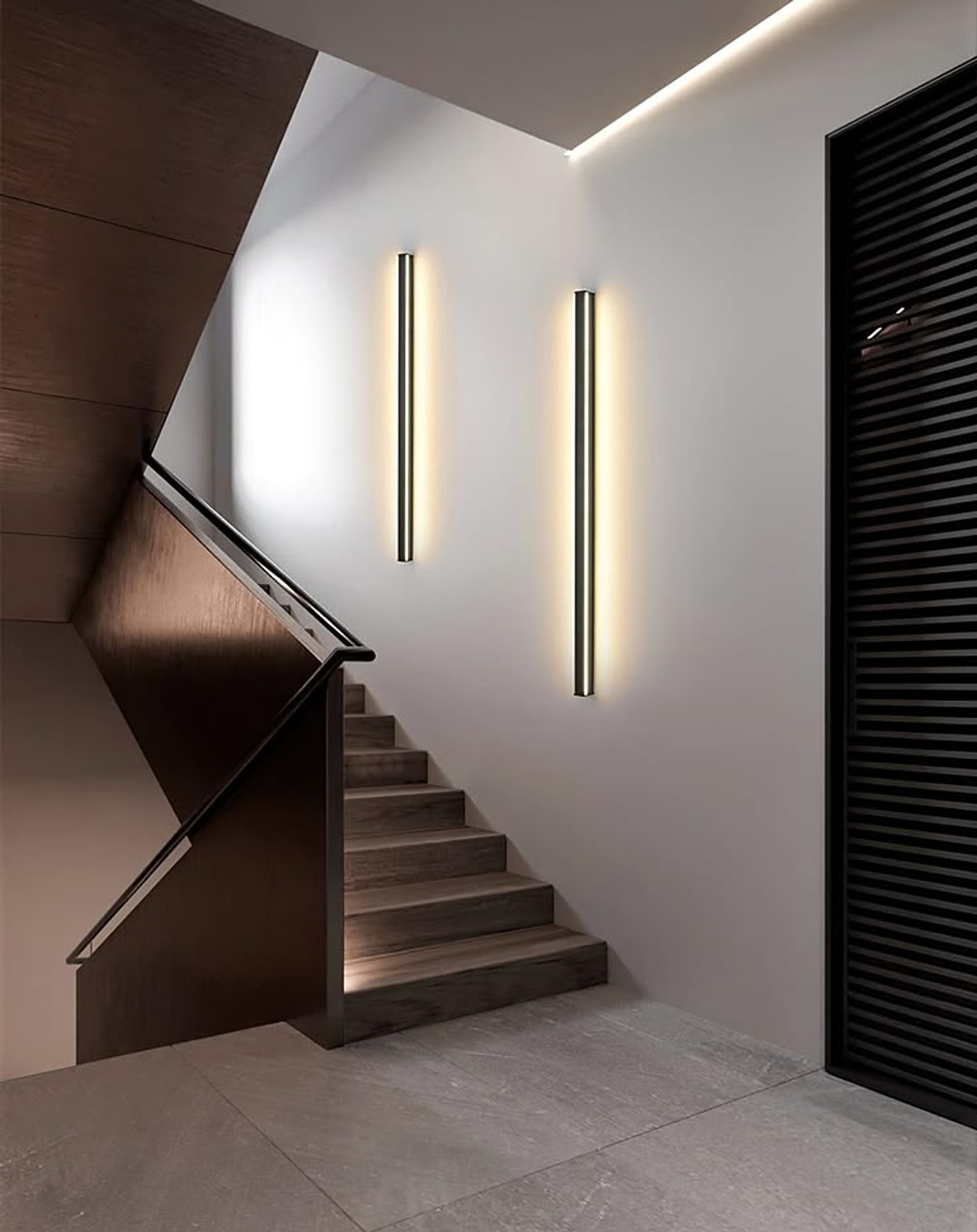 Modern linear LED wall lighting on a staircase