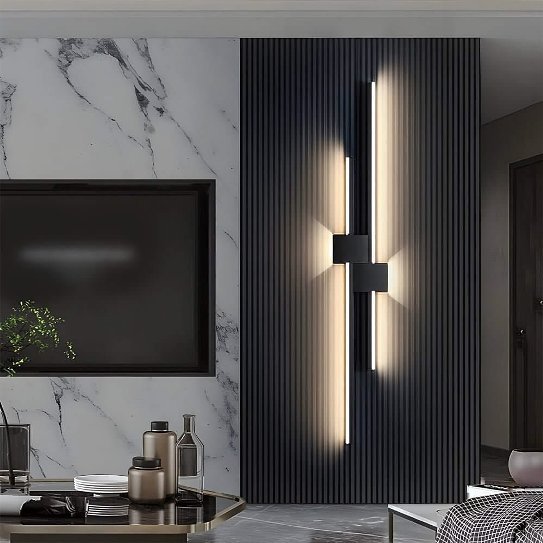 Black dual-bar LED wall sconce on marble wall