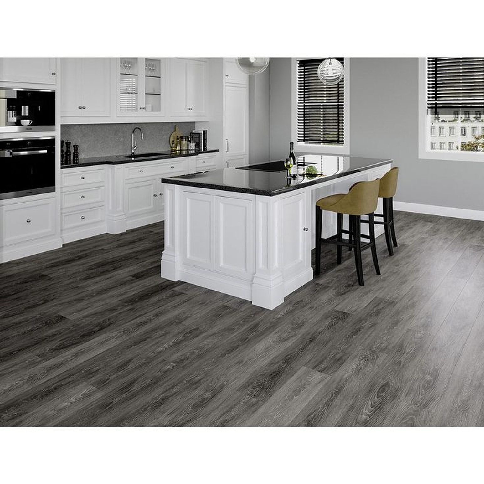 Wood-look porcelain tile floor in a modern kitchen
